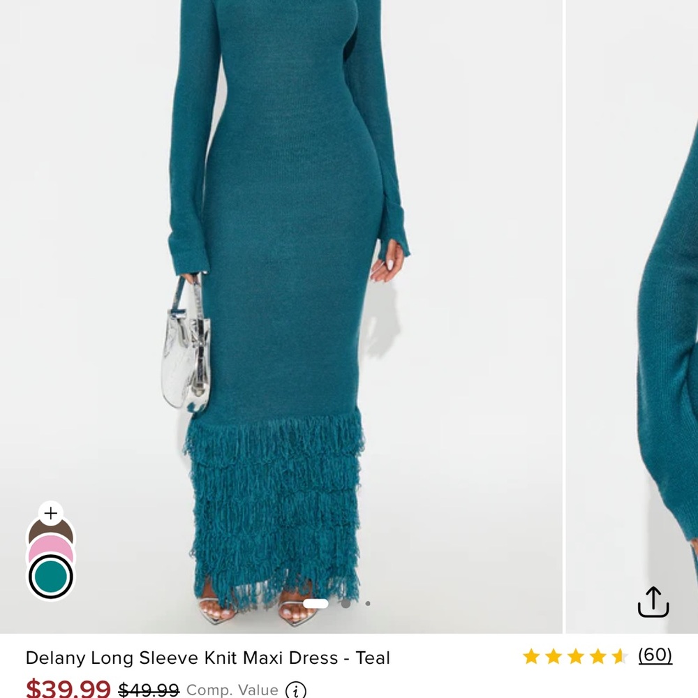 Fashion Nova Teal Fringe Long Sleeve Dress